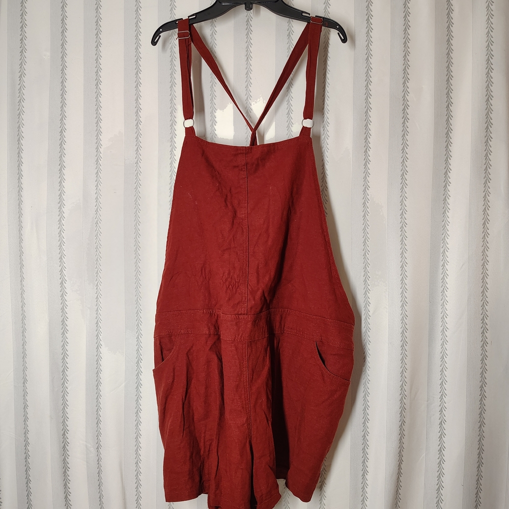 Women's Red Linen Blend Pinafore Jumpsuit